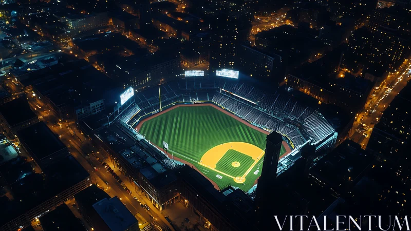 Illuminated baseball stadium aerial view at city night.