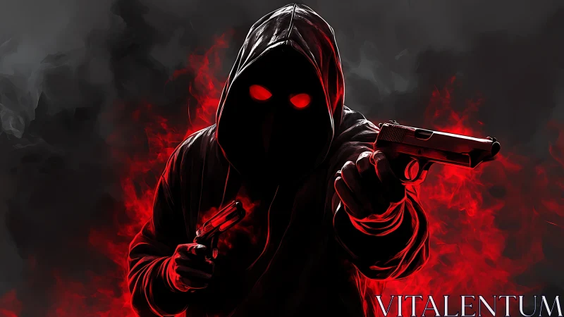 Mysterious hooded figure glowing in bold crimson light.