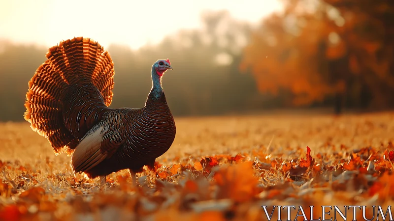 Wild turkey standing in backlit autumn field at sunrise.