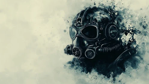 Dark gas mask soldier portrait in abstract smoke field.