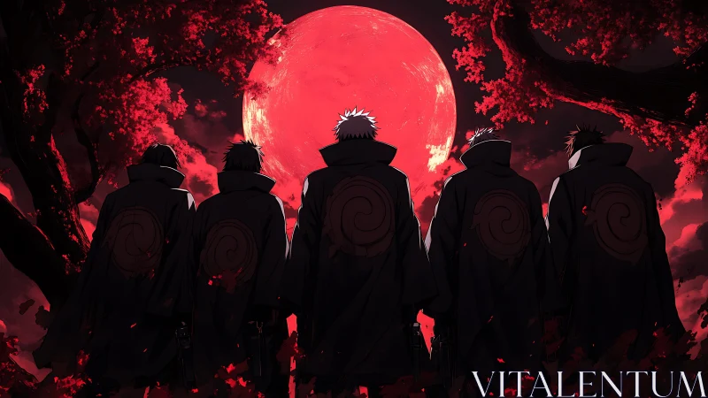 Five cloaked figures under a huge red full moon.