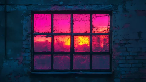 Sunset glow burns through cracked industrial window panes.