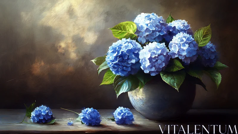 Blue Hydrangeas in Vessel with Fallen Petals.