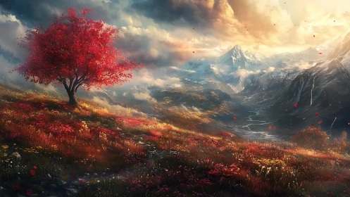 Crimson tree crowns radiant valley beneath stormlit peaks.