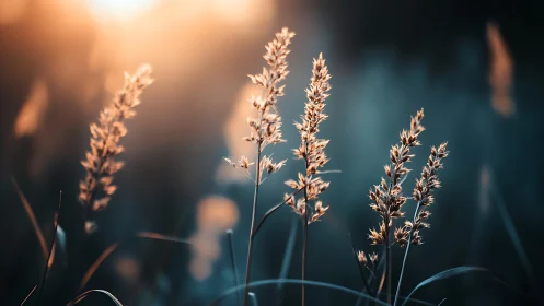Backlit wild grasses form a warm bokeh field at sunset
