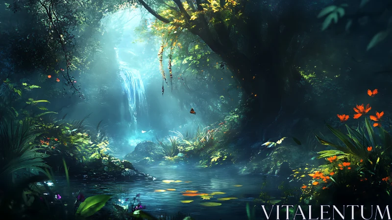 Luminescent Underground Waterfall in Bioluminescent Cavern with Flora