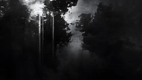 Monochrome vertical streaks puncture dense abstract ink clouds