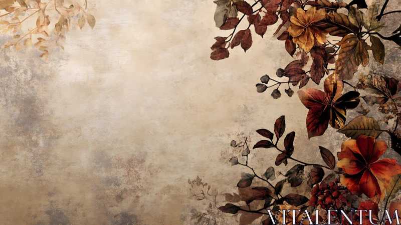 Muted autumn floral border on textured beige background.