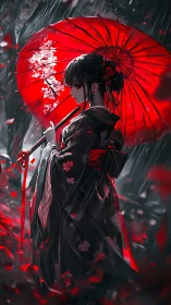 Silent geisha stands beneath a red umbrella in the rain