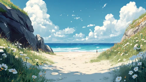 Sunlit coastal path opens toward bright turquoise sea.