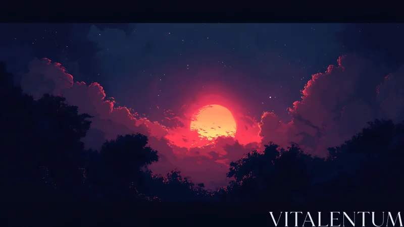 Crimson moonrise igniting clouds above shadowed forest horizon.