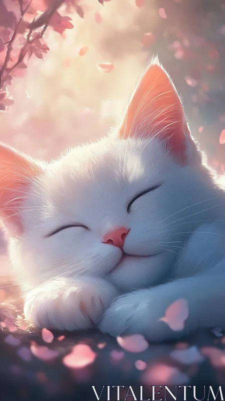Peaceful white cat napping among cherry blossoms.
