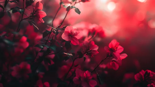 Red Petals in Backlighting: Blooming Flowers Against Glowing Sky.