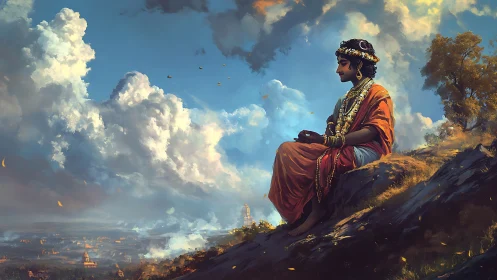 Meditative prince above valley under towering clouds.