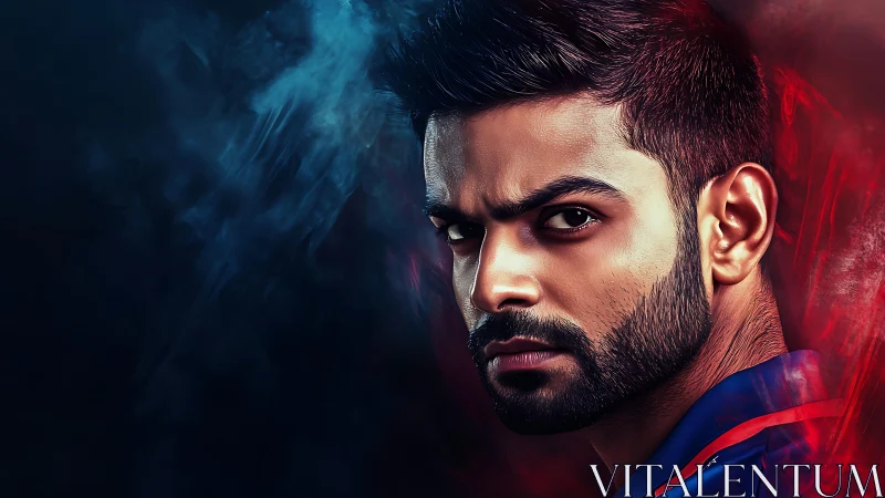 Portrait shows intense male face lit by red and blue smoke