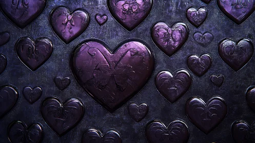 Embossed purple hearts against textured dark surface