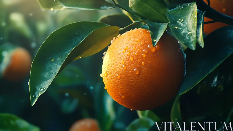 Sunlit orange with dewdrops glowing on lush green leaves.