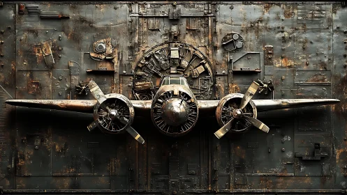 Decommissioned tri‑engine aircraft embedded in corroded industrial bulkhead