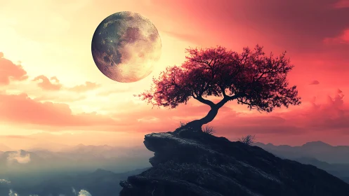 Solitary tree on rocky cliff under enlarged moon at dusk.