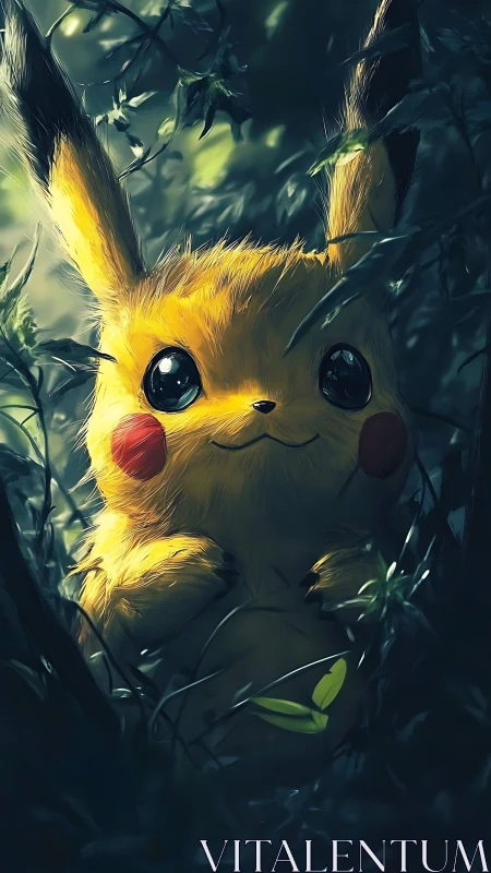 Pikachu character rendered in soft forest lighting stands hidden