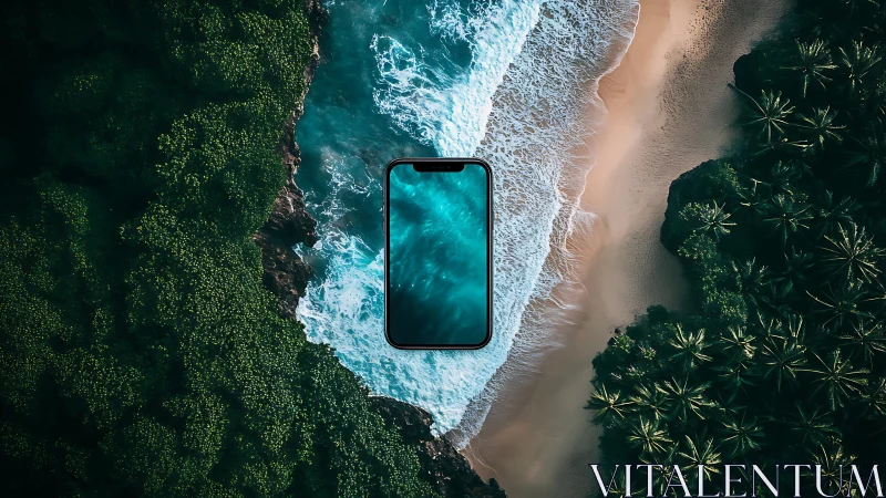 Smartphone floating above tropical beach landscape.