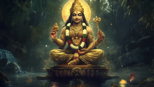 Golden deity seated on lotus pedestal in forest pond.