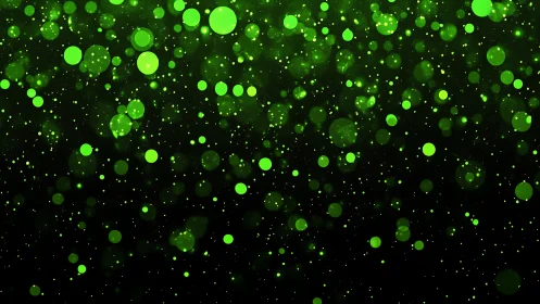 Glowing green bokeh particles drifting in dark space.