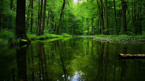Tranquil Forest Stream with Reflections in Lush Green Woodland.