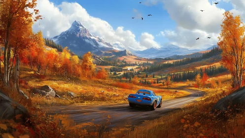 Blue cartoon car on autumn mountain road landscape.