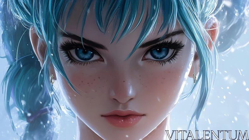 Frost-eyed girl stares down winter with fierce crystal calm.