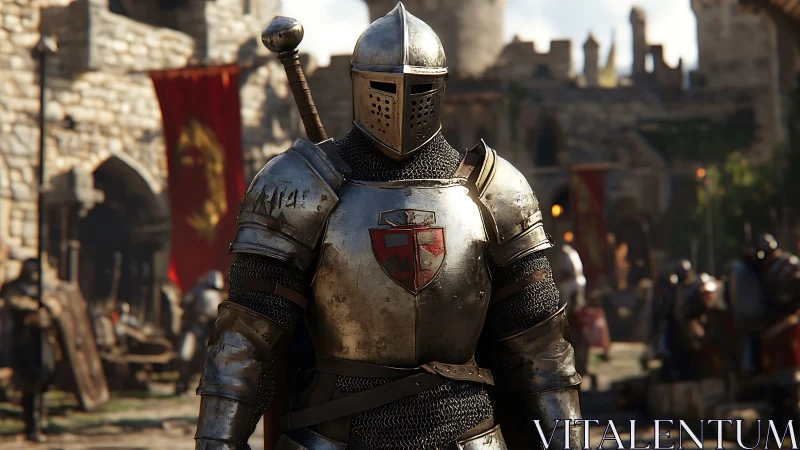 Armored medieval knight standing in courtyard of stone castle.