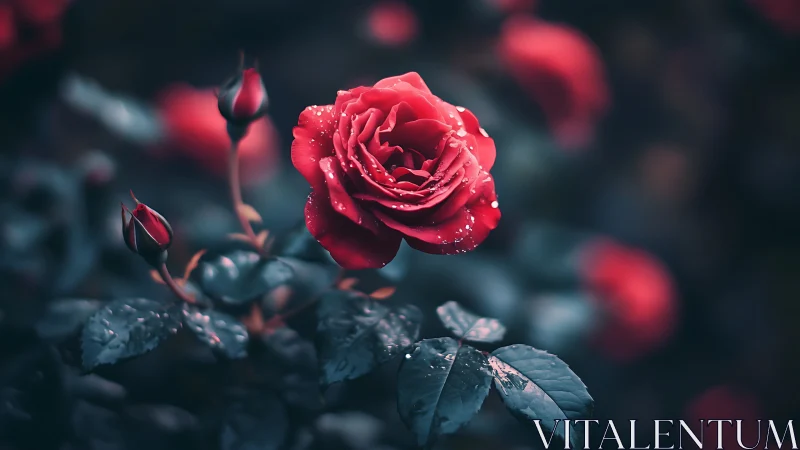 Red Rose with Dew Drops in Soft Focus.