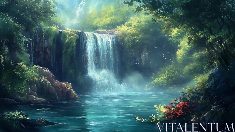 Digital painting of luminous forest waterfall and lagoon.