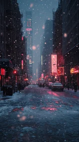 Neon-lit winter avenue renders cinematic nocturnal snowfall