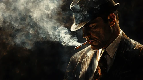 Moody noir gangster exhales swirling cigarette smoke at night.