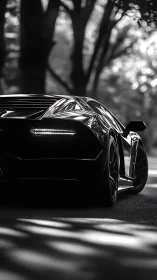 Sleek supercar glides through dappled forest light at dusk.