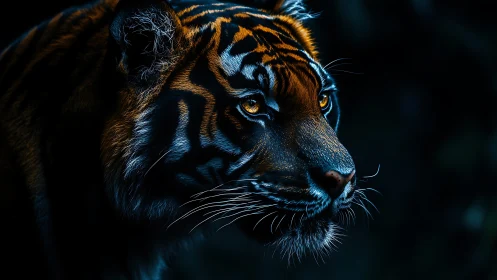 Low key side-lit tiger portrait emphasizes fur microcontrast detailing