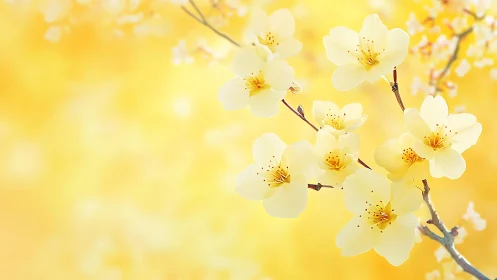 White blossoms branch against diffused yellow background.