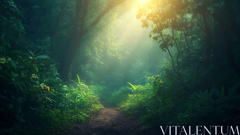 Luminous Forest Passage: Where Ancient Trees Frame Golden Radiance.