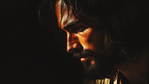 Male profile in strong side lighting against dark background.