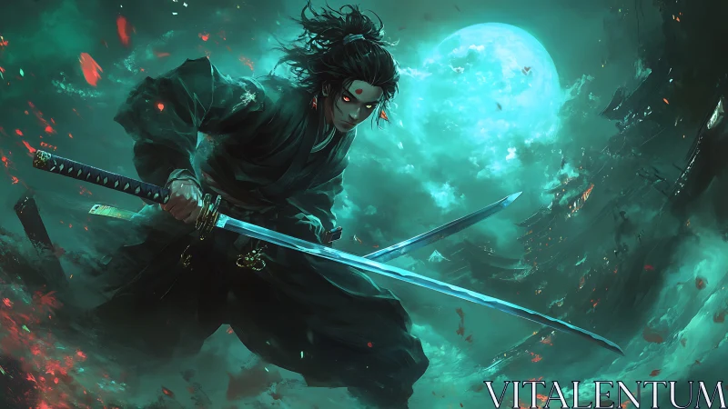 Dark samurai brandishes twin katanas under spectral moon