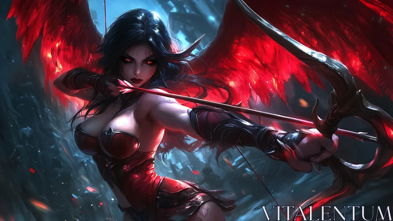 Scarlet winged huntress draws a midnight ember arrow.
