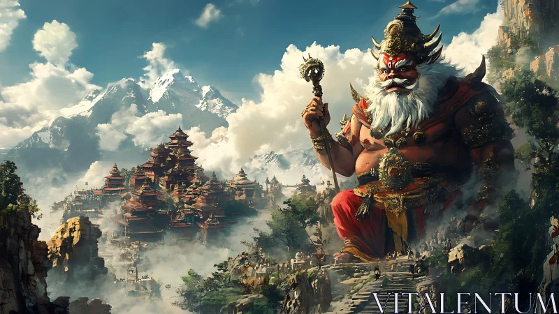 Majestic mountain guardian watching over misty temple city.