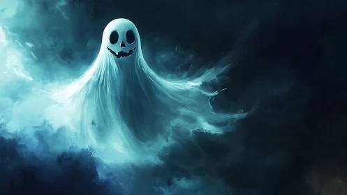 Ghostly wisp with jack-o&rsquo;-lantern grin in icy fogscape.