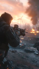 Sunset firefight amid burning ruins and wind turbines.