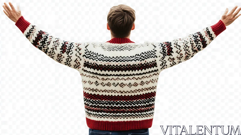 Man in patterned winter sweater raises arms on white