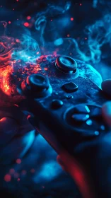 Close gaming controller view with blue and red smoke effects.
