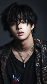 Stylized portrait of young man with layered dark hair.