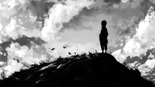 Solitary hilltop dreamer beneath churning monochrome skies.