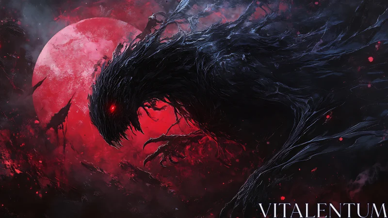 Cosmic shadow wraith emerging before a blood red moon